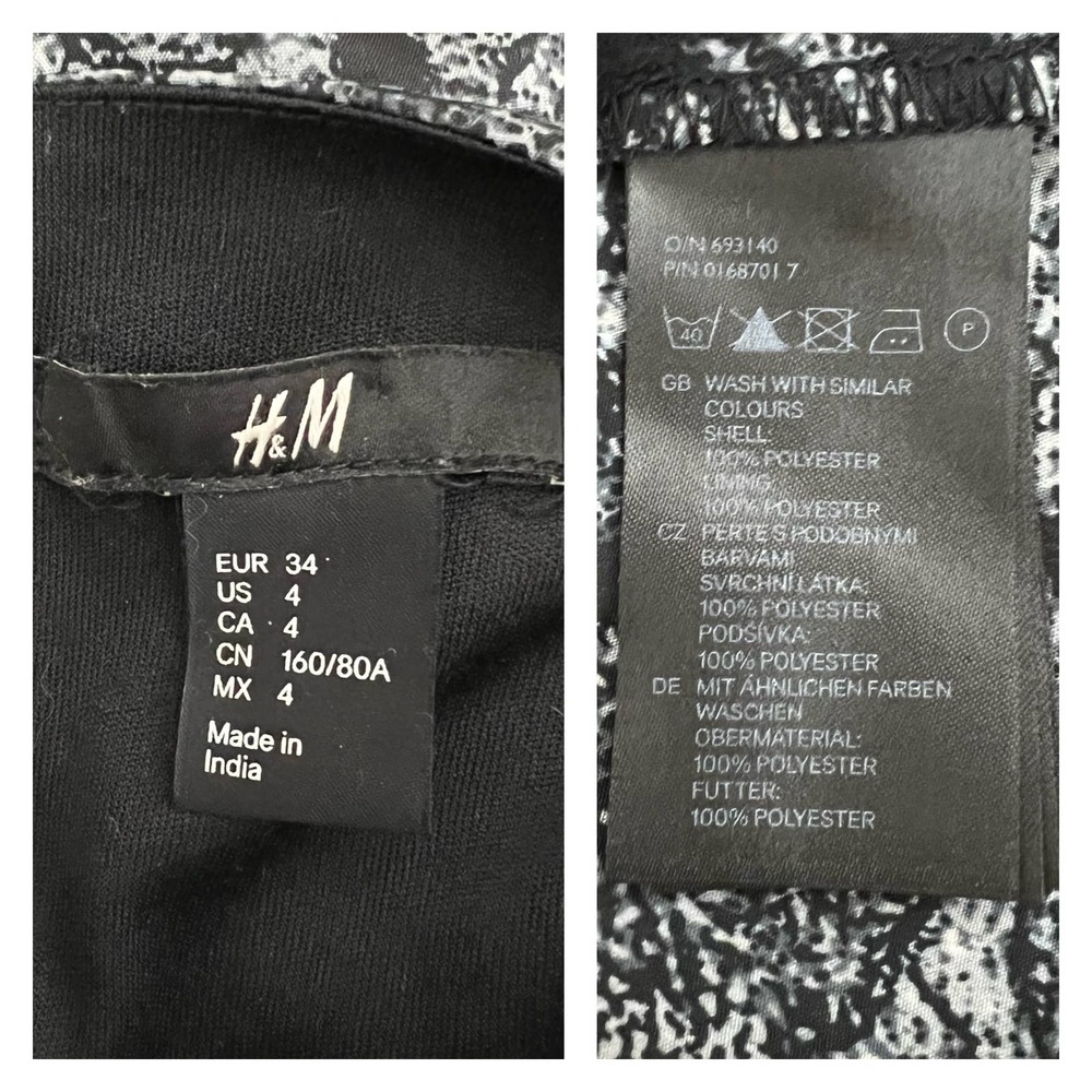 H&M Layered Blouson Floral Print Dress Size 4 Grey Black Bateau Neck Cap Sleeve - Picture 3 of 7